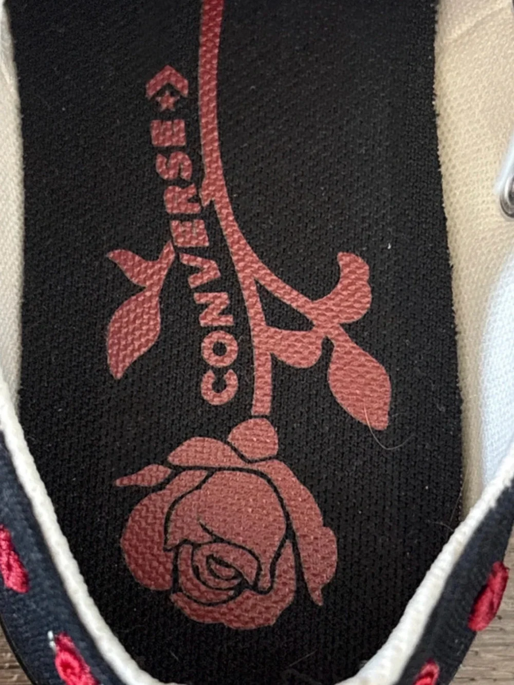 Converse Kids Black Canvas Low Top Sneakers with Red Rose Accents